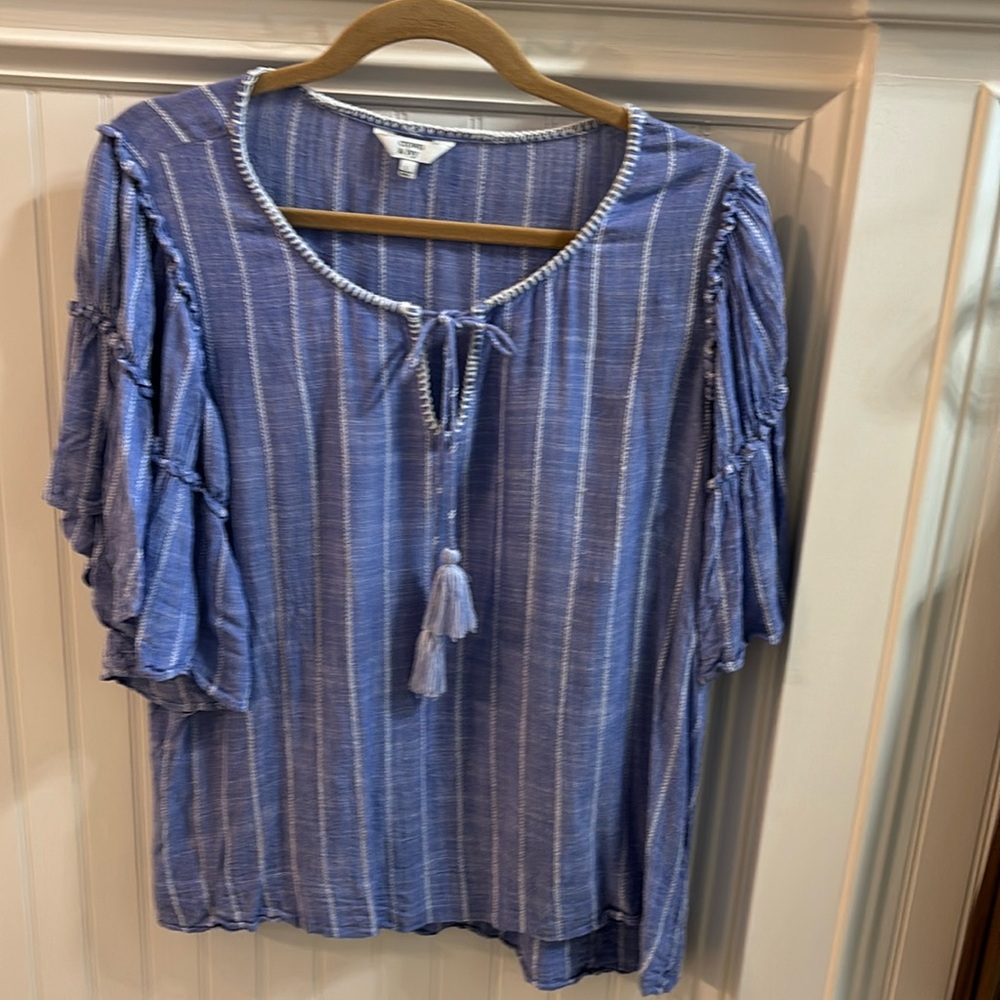crown & ivy Blue Striped Tassel Peasant Blouse
